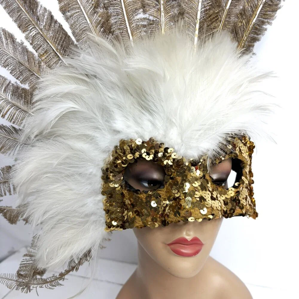 Showgirl Carnival Feather Gold White Mask Headdress Deluxe Vintage